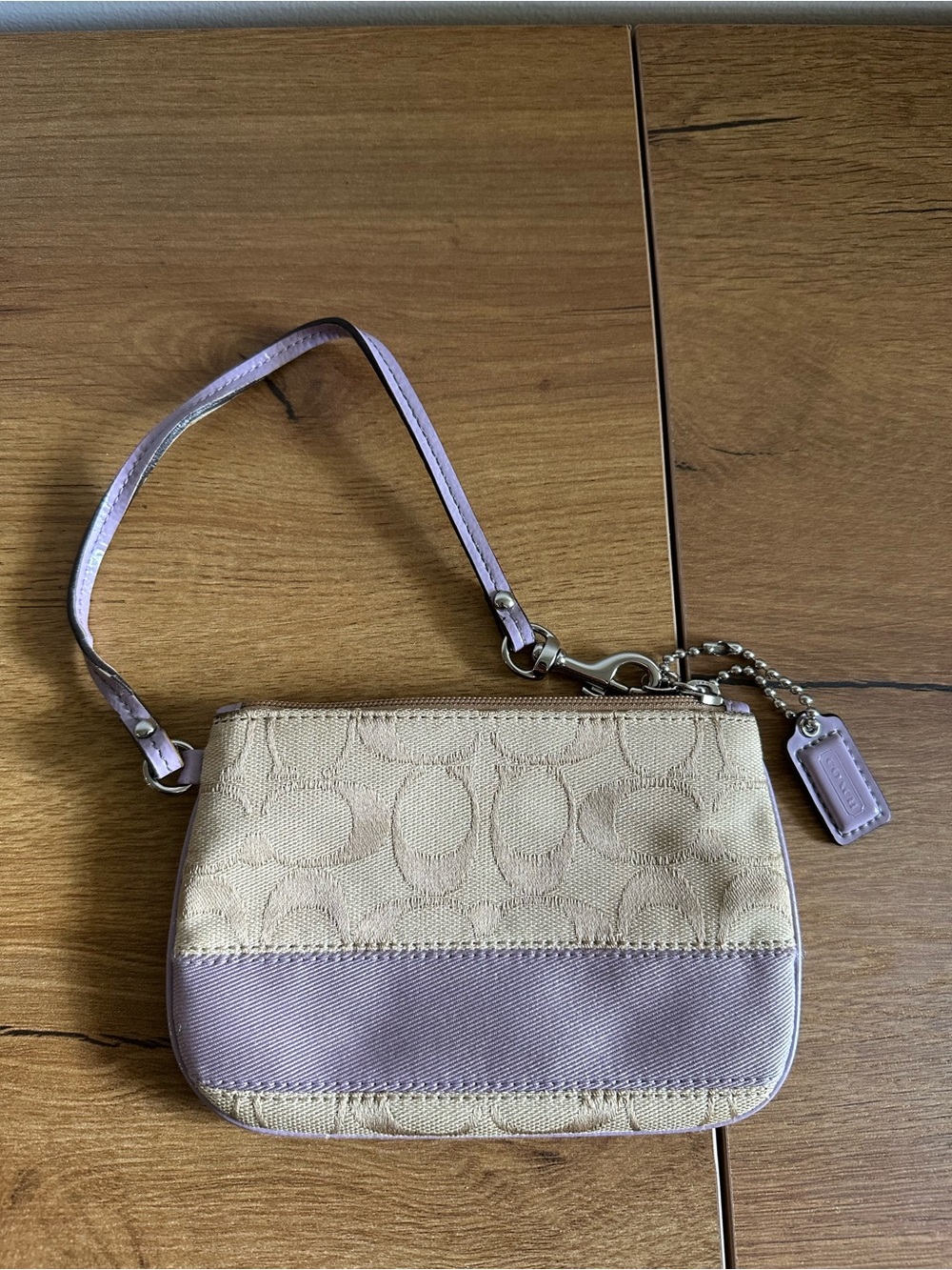 Coach Beige Canvas Wristlet with Lilac Trim